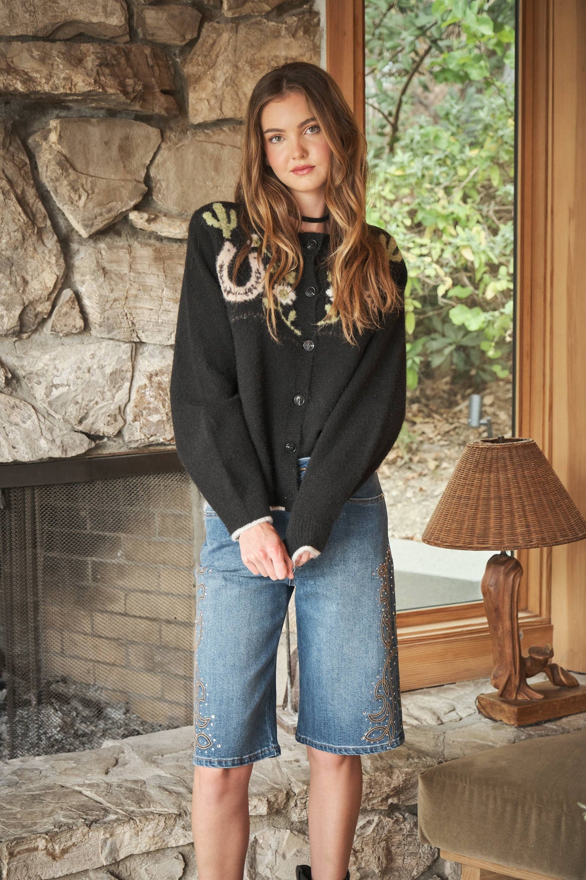 Blue B Western Graphic Sweater Cardigan Charcoal buttoned up everyday layer for cool evenings in Utah