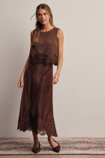 Listicle Stretch Satin Lace Trim Maxi Skirt Mocha two piece mocha satin look for dressy western occasions