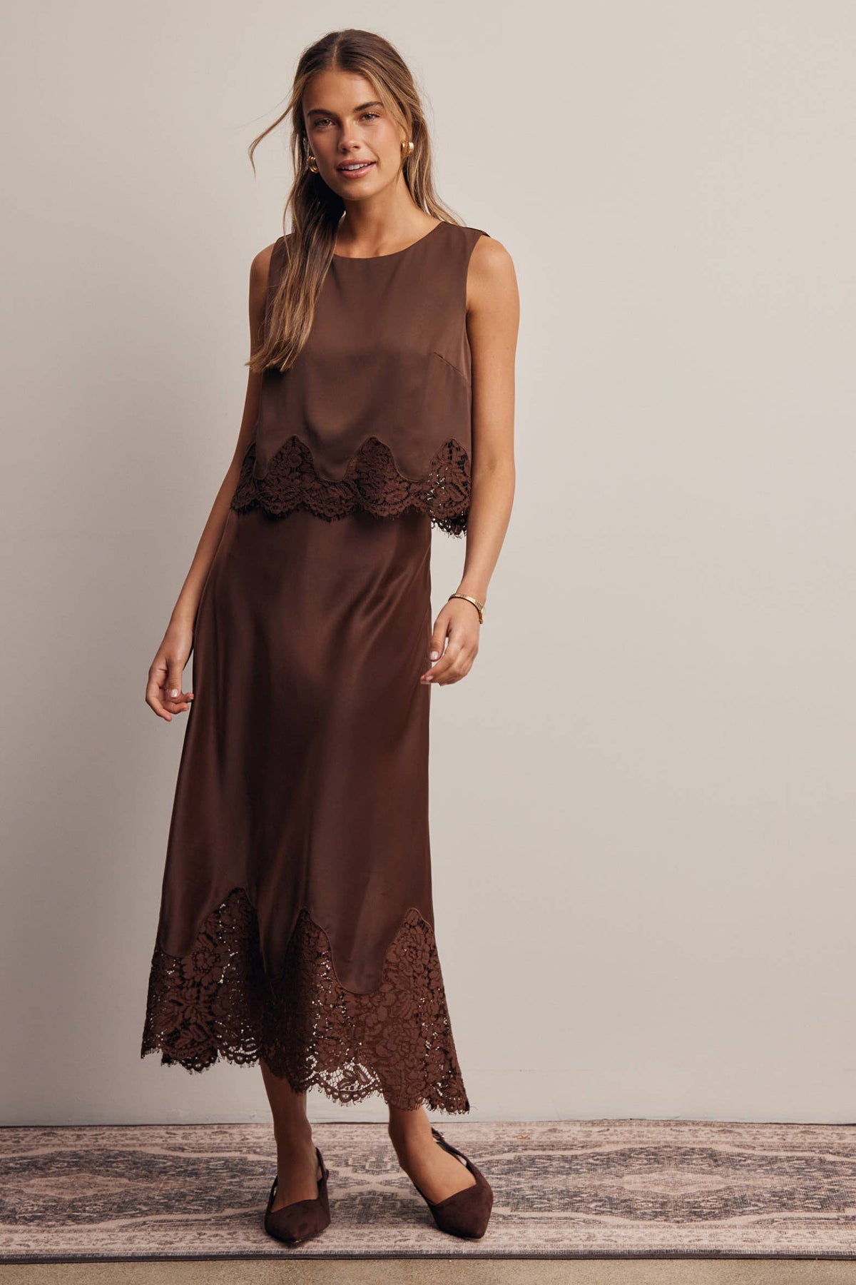 Listicle Stretch Satin Lace Trim Maxi Skirt Mocha two piece mocha satin look for dressy western occasions