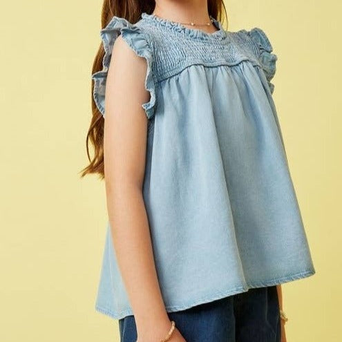 Girls Ruffle Detailed Smocked Denim Tencel Tank