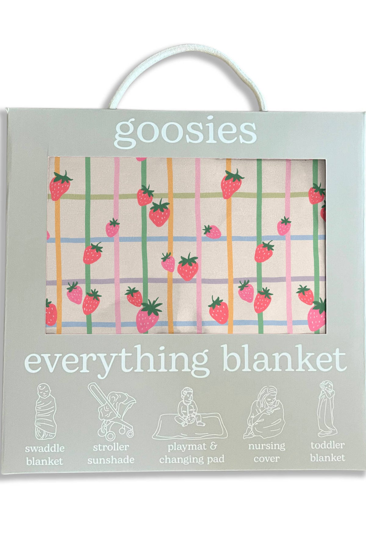 Goosies everything blanket packaging with strawberry pattern swaddle blanket stroller sunshade playmat and changing pad nursing cover toddler blanket Boltranchstore.com