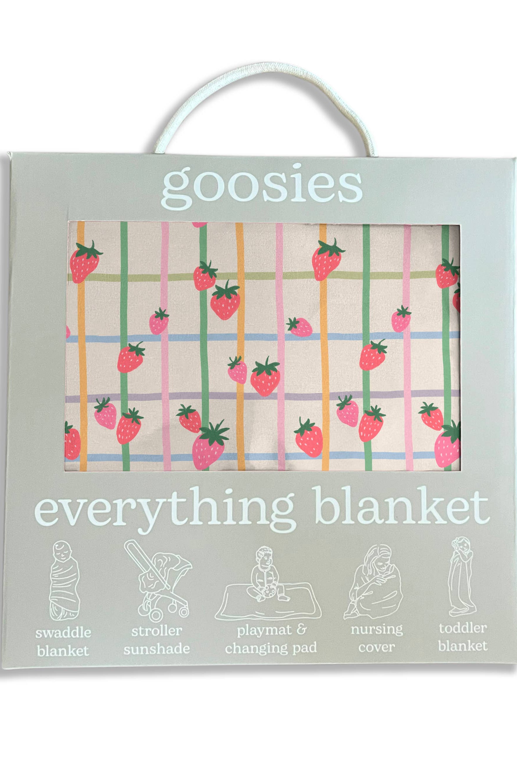 Goosies everything blanket packaging with strawberry pattern swaddle blanket stroller sunshade playmat and changing pad nursing cover toddler blanket Boltranchstore.com