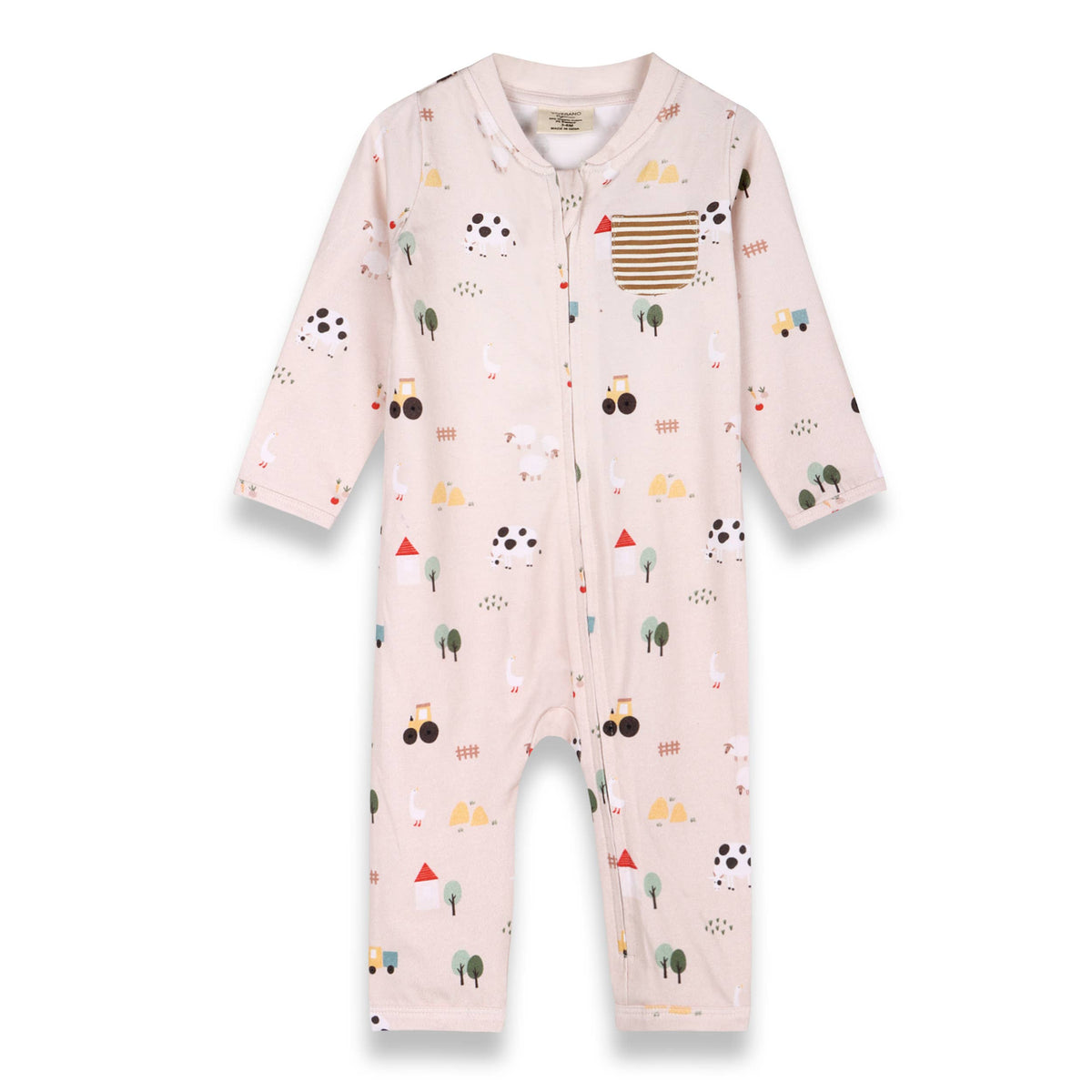 A baby's long-sleeve footless sleeper in light pink, featuring a playful all-over print of cartoon vehicles, trees, and animals. It has a zippered front, a striped chest pocket, and a round collar, shown against a plain white background. Farm Zipper Baby Coverall Jumpsuit shop now at boltranchstore.com