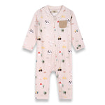 A baby's long-sleeve footless sleeper in light pink, featuring a playful all-over print of cartoon vehicles, trees, and animals. It has a zippered front, a striped chest pocket, and a round collar, shown against a plain white background. Farm Zipper Baby Coverall Jumpsuit shop now at boltranchstore.com