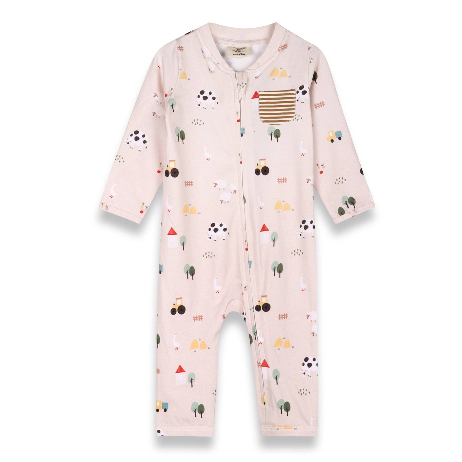 A baby's long-sleeve footless sleeper in light pink, featuring a playful all-over print of cartoon vehicles, trees, and animals. It has a zippered front, a striped chest pocket, and a round collar, shown against a plain white background. Farm Zipper Baby Coverall Jumpsuit shop now at boltranchstore.com