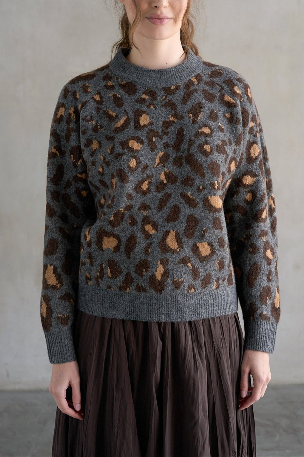 Leopard Crew Neck Sweater CHARCOAL fall 2025 sweater free shipping western fashion boltranchstore.com Elle Grey