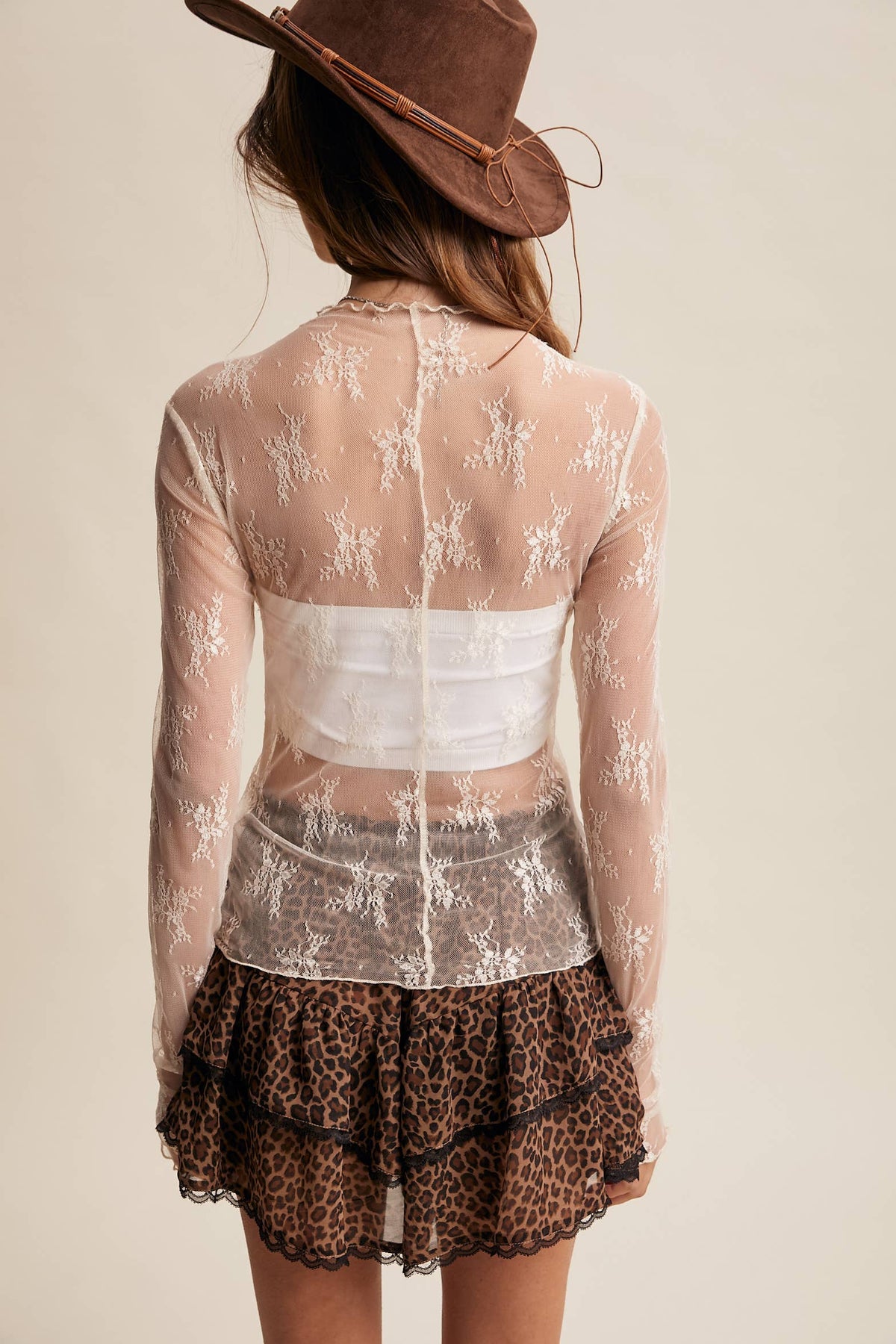 Listicle Sheer Lace Long Sleeve Top Ecru unlined design layered over a white bandeau Park City