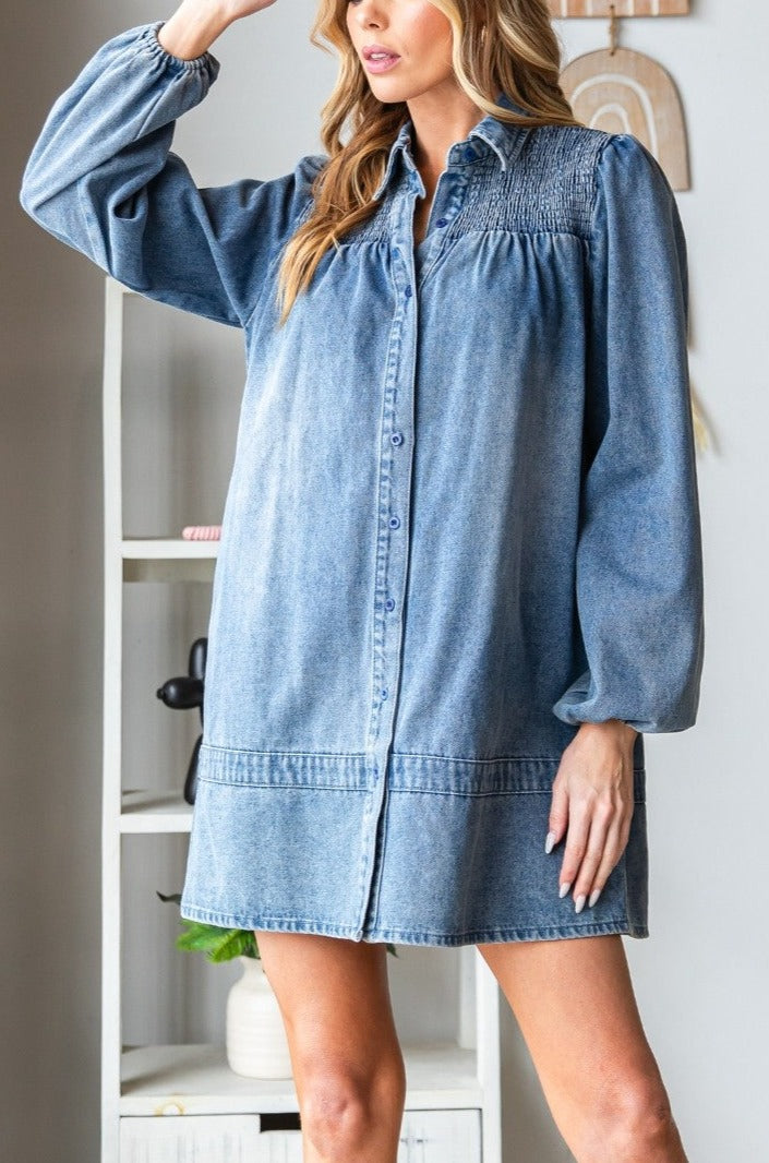 Smocked Puff Sleeve Denim Dress