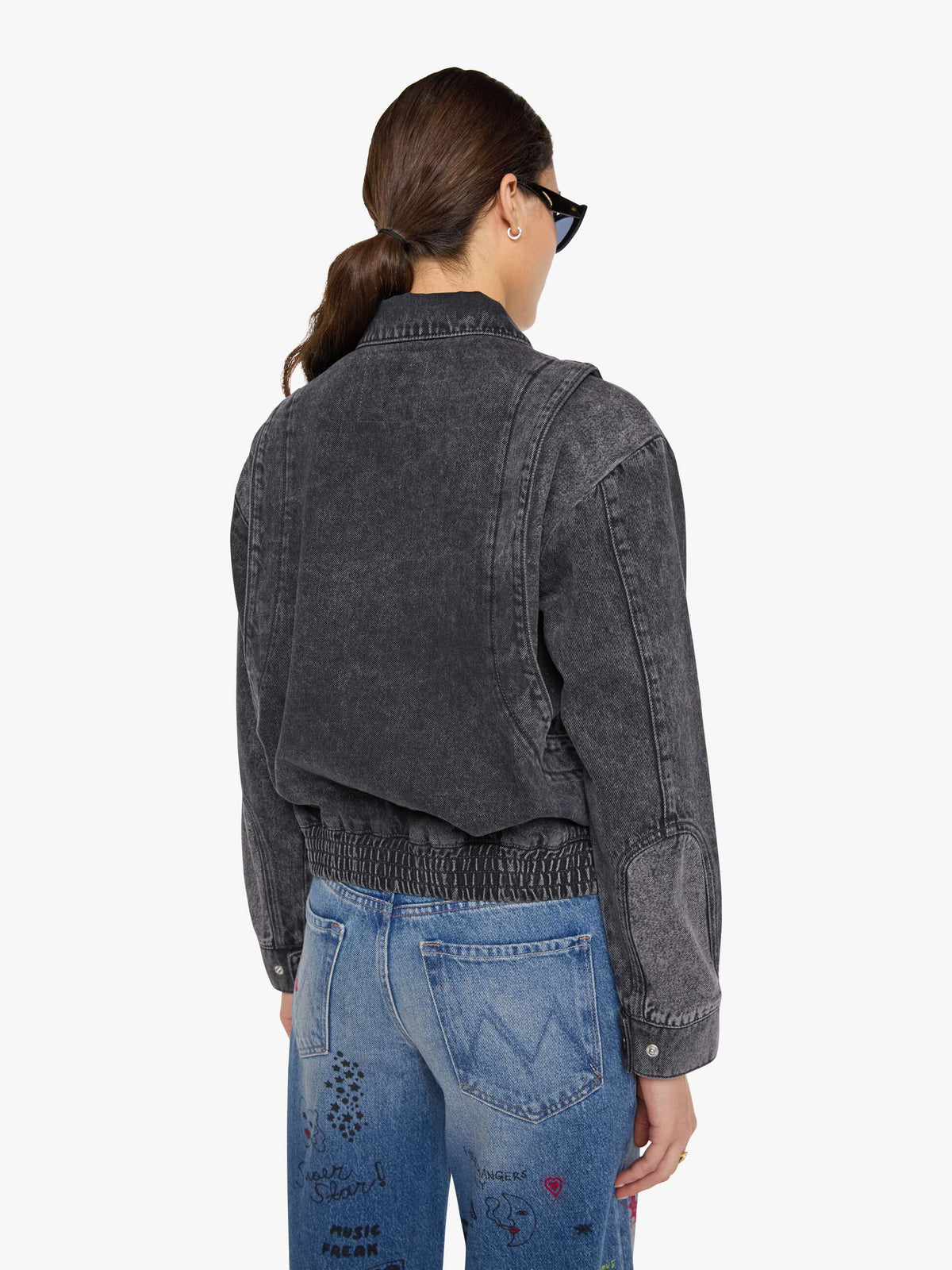Mother Denim SNACKS The Wing Ding Burnt Toast seamed panel details across a collared denim bomber Park City