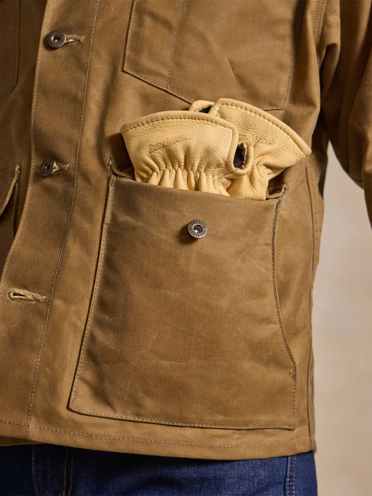 Schaefer RangeWax Mesquite Brush Jacket solid brass logo buttons down the front placket cowboy