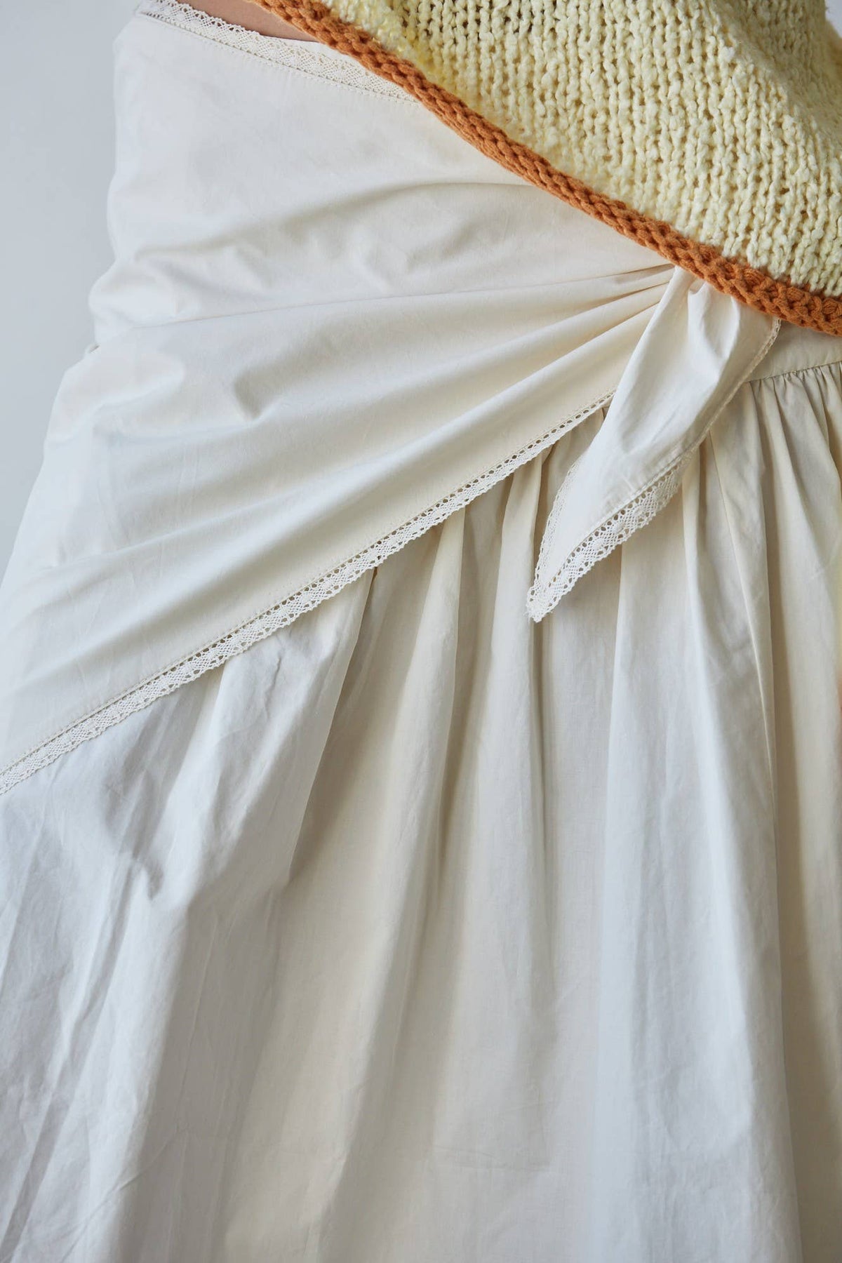 By Together Woven Cotton Flare Midi Skirt tied side bow with delicate lace trim edging and soft gathers cowgirl style Kamas