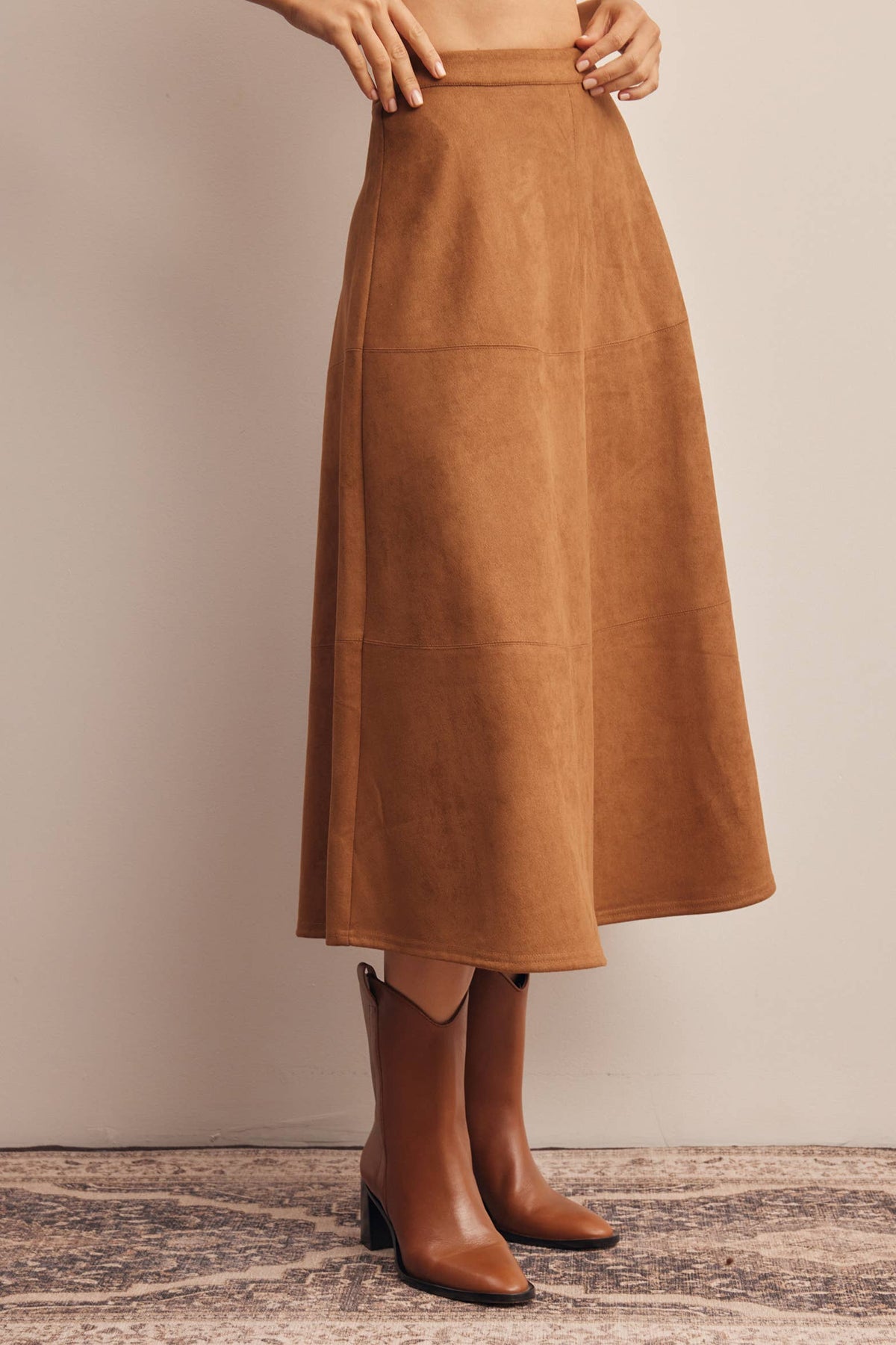 Listicle Stretched Suede A Line Midi Skirt structured panel seams and hidden side zipper closure womens western clothing