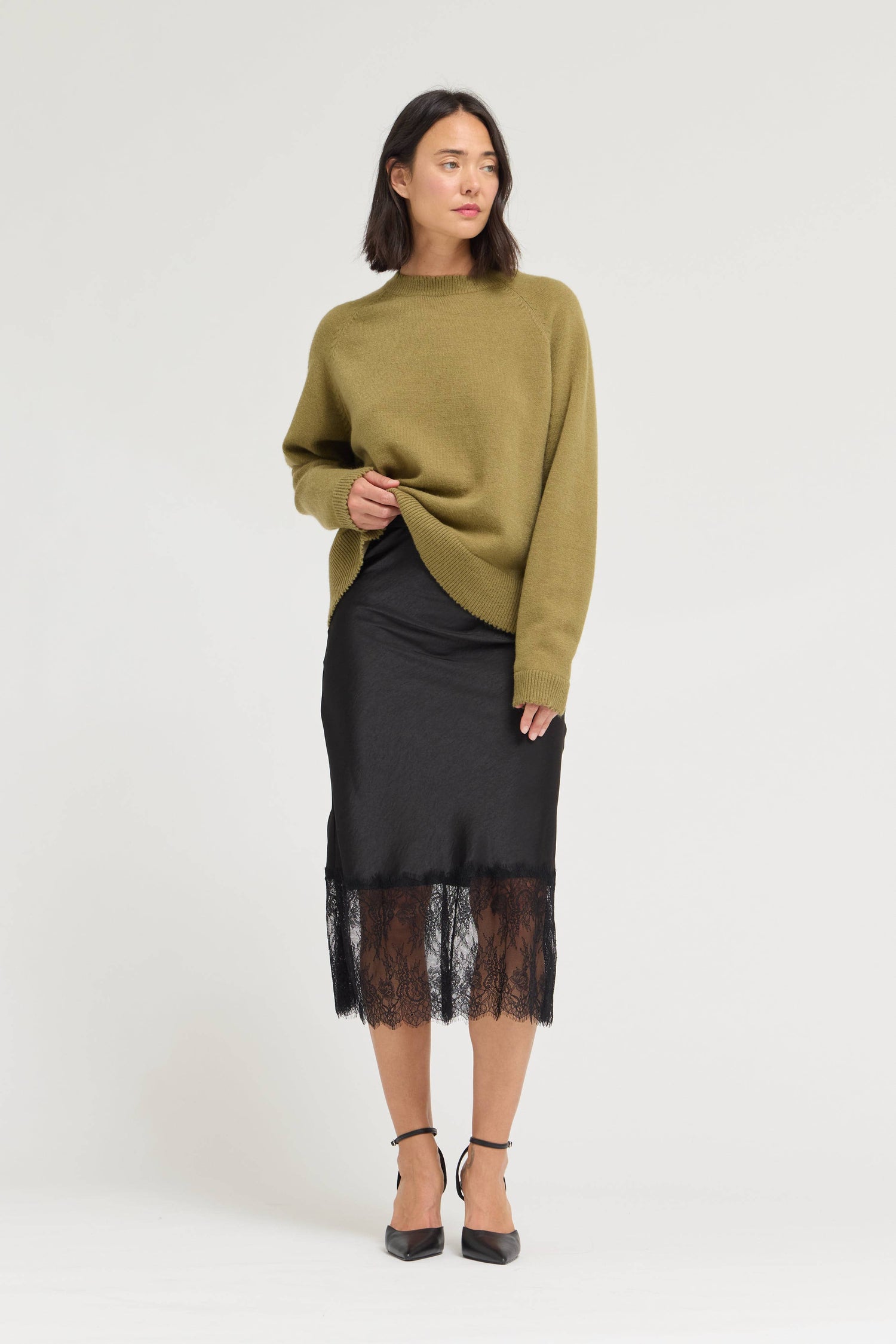 Emily Lace Trim Midi Satin Skirt