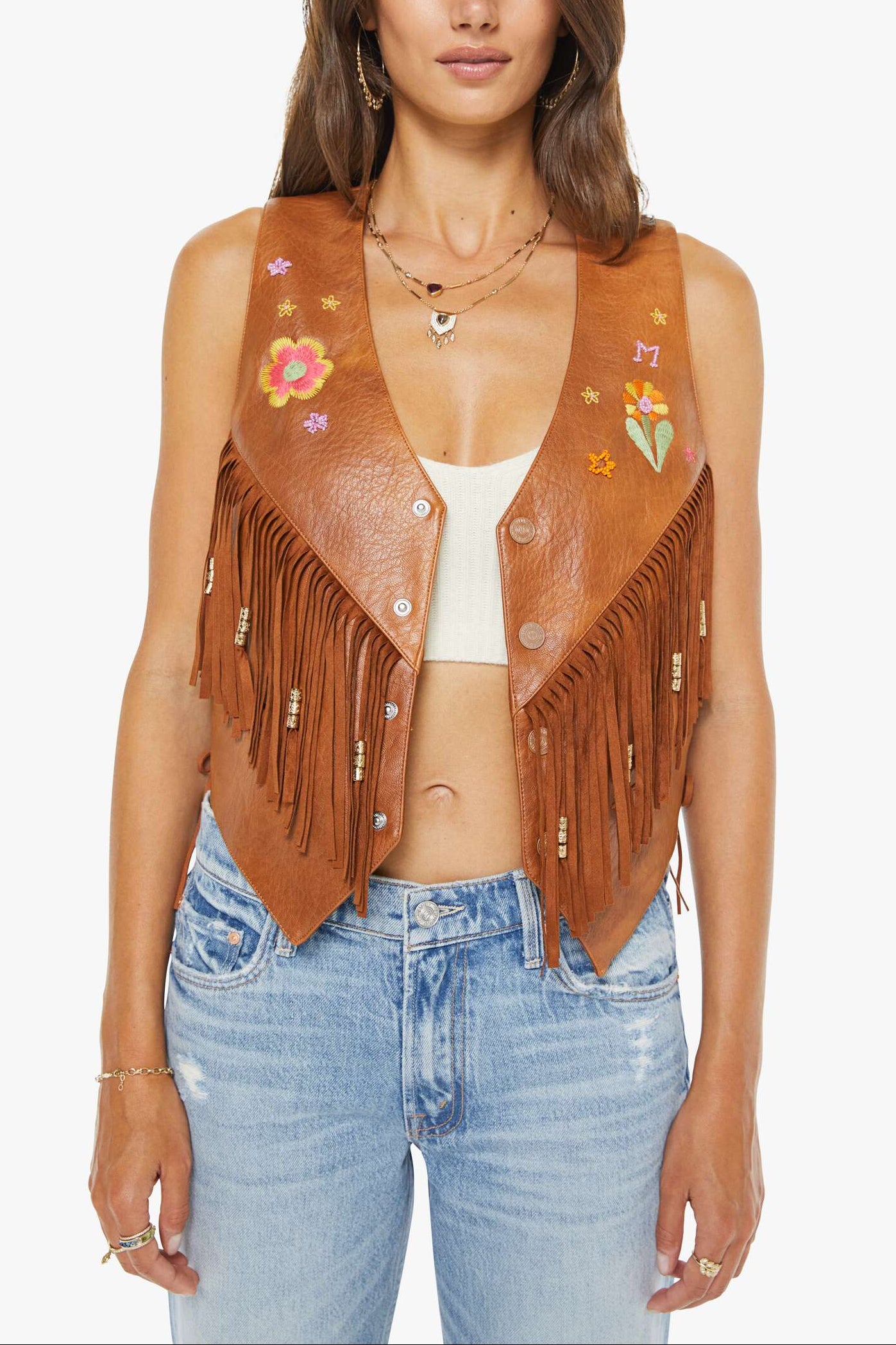 Mother The Free Spirit Vest 3382-1997-YRW womens leather vest fringe floral brown popular spring 2026 Boltranchstore.com free shipping