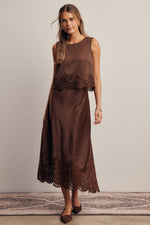 Listicle Stretch Satin Lace Trim Maxi Skirt Mocha elevated everyday skirt to wear with fitted tops or a blazer cowboy boots optional