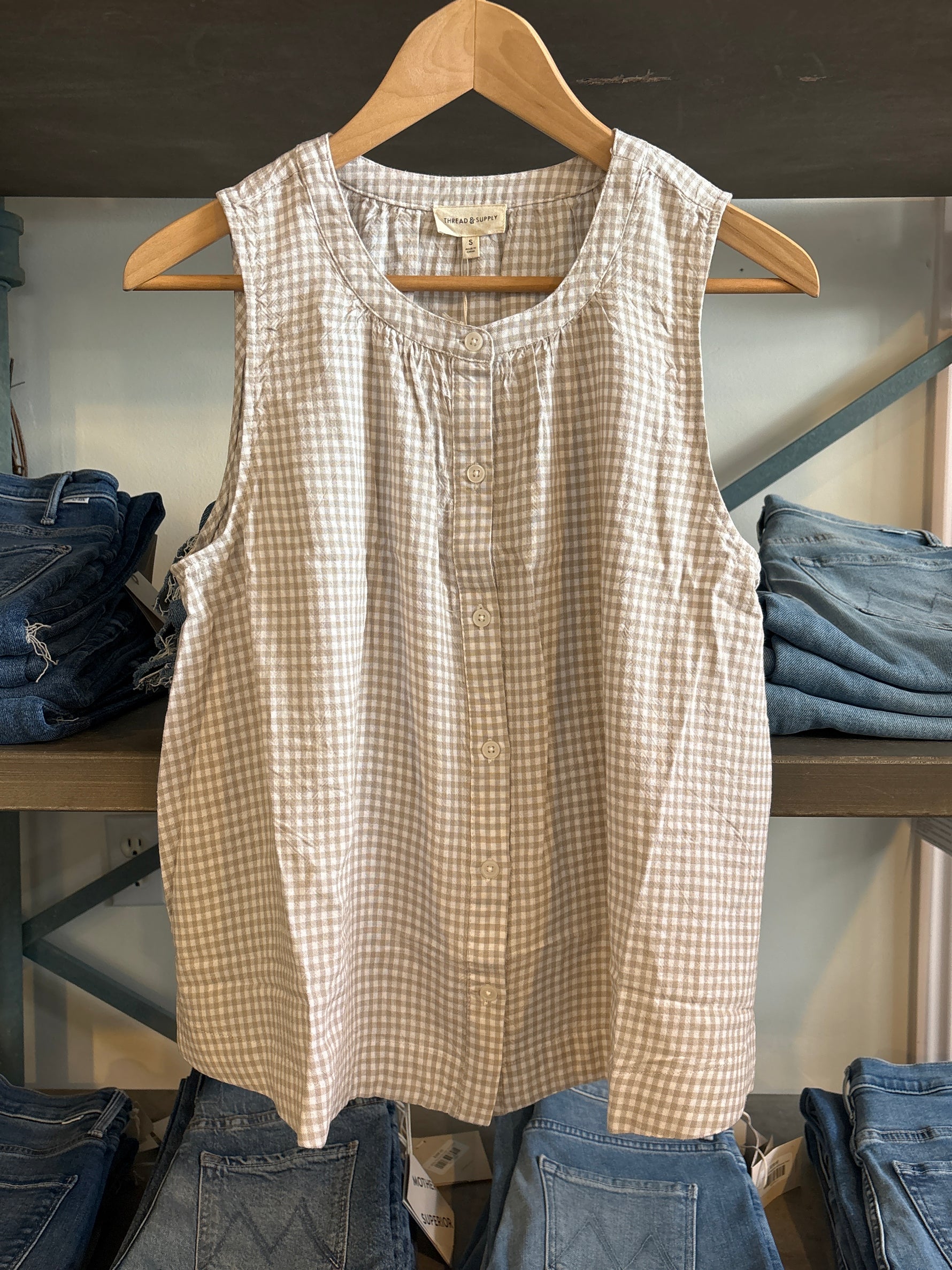 Caelis Gingham Tank sand tan gingham cream neutral thread and supply Boltranchstore.com womens sleeveless Free Shipping