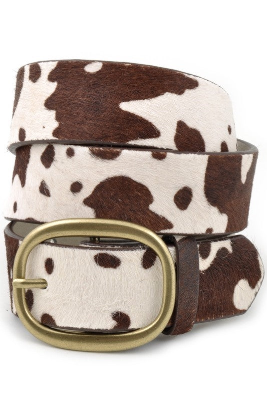 Cow print hair calf leather belt