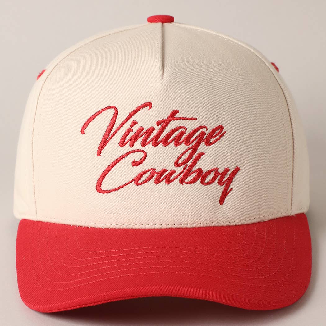 Beige and red cap with 'Vintage Cowboy' text on a light gray background baseball hat boltranchstore.com