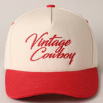 Beige and red cap with 'Vintage Cowboy' text on a light gray background baseball hat boltranchstore.com