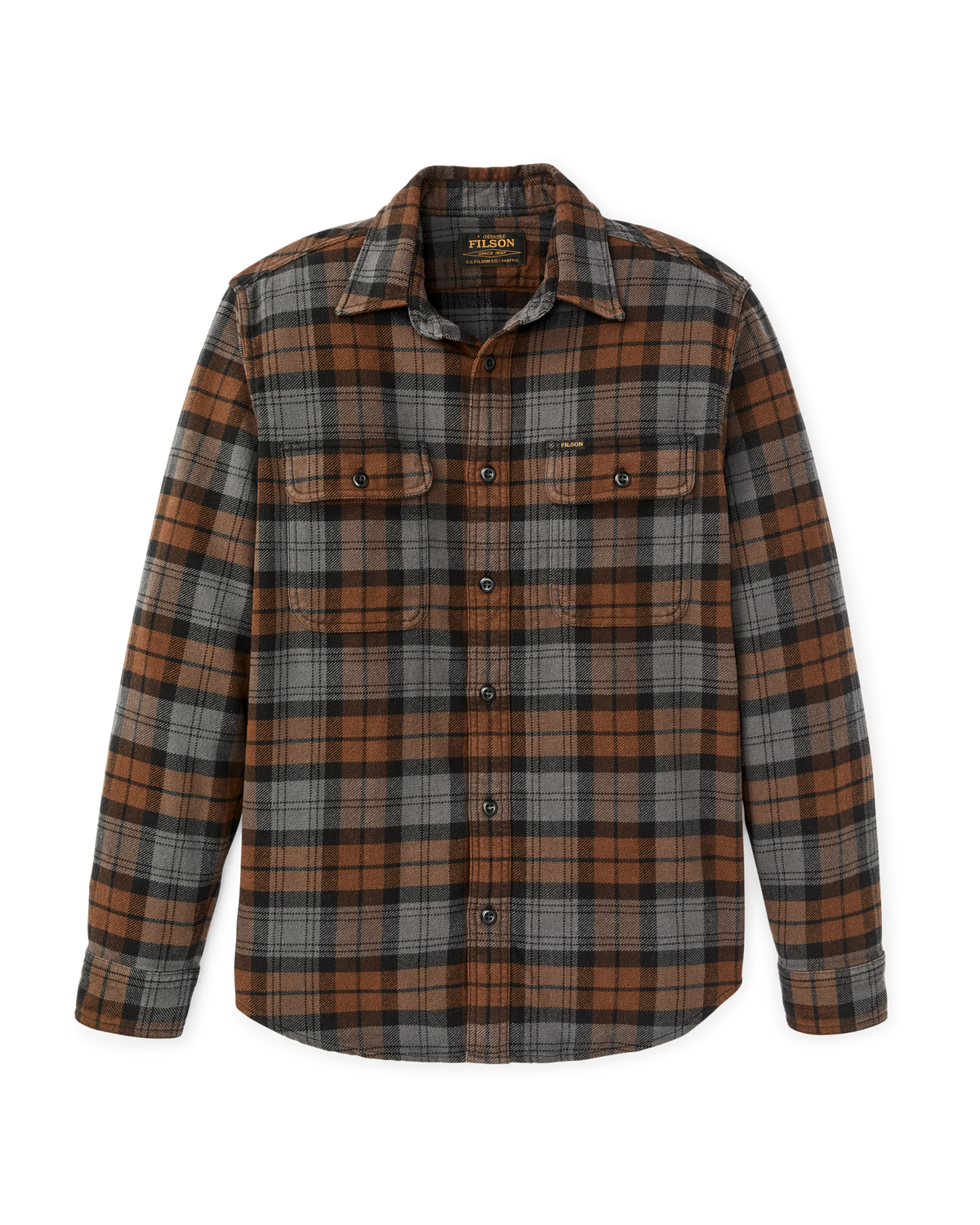 Filson Vintage Flannel Work Shirt Brown Charcoal Plaid button flap chest pockets and military grade melamine buttons cowboy western fashion