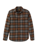 Filson Vintage Flannel Work Shirt Brown Charcoal Plaid button flap chest pockets and military grade melamine buttons cowboy western fashion