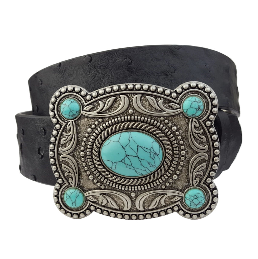 Ostrich Print Belt with Turquoise Buckle belt accessories womens new arrivals Boltranchstore.com