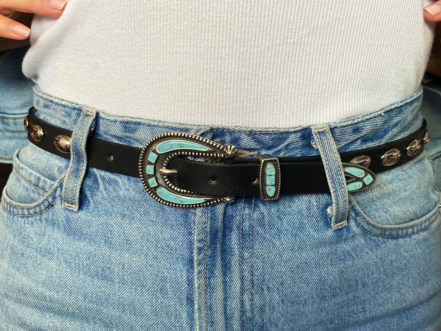 Black Oval Stud with Silver Turq Buckle Belt