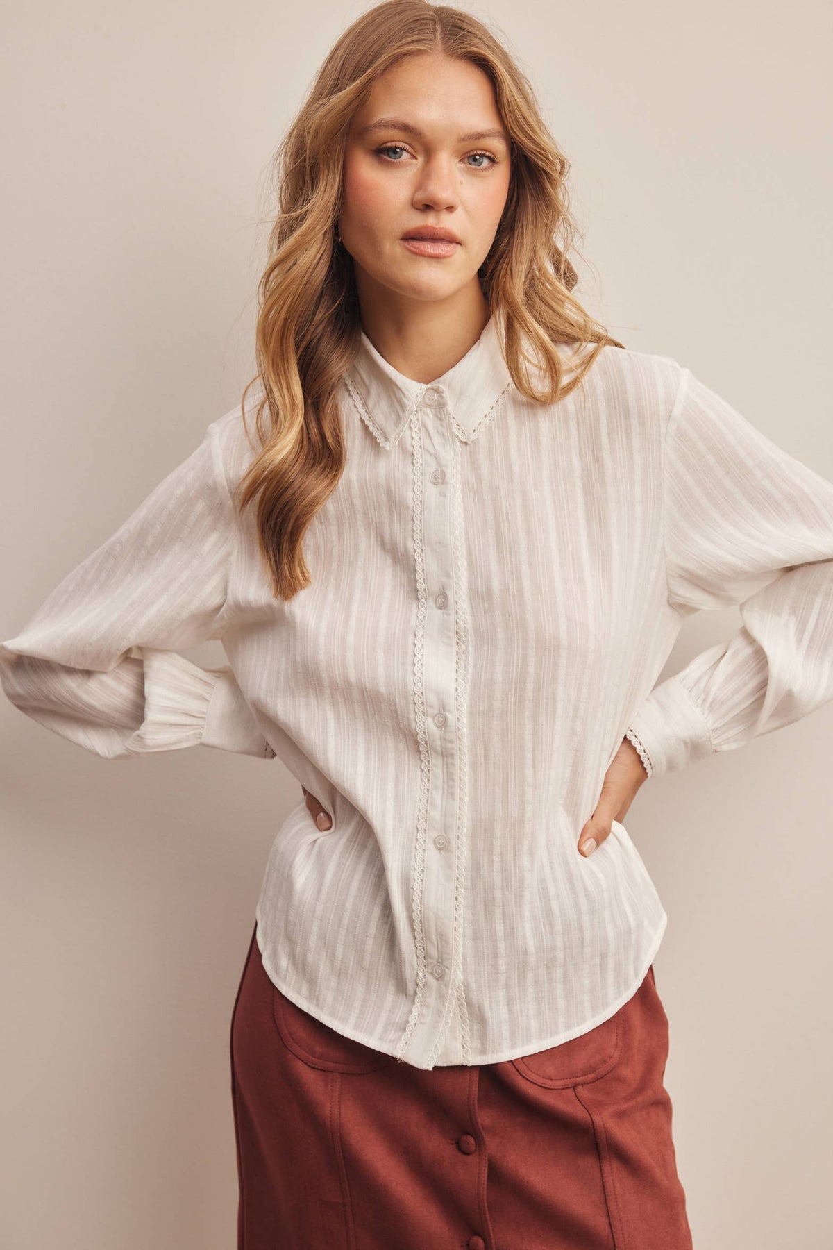 Rodeo womens western boutique womens fashion Lace Trim Embroidered Button Down Blouse Off White SKU FT0060WHT Boltranchstore.com free shipping