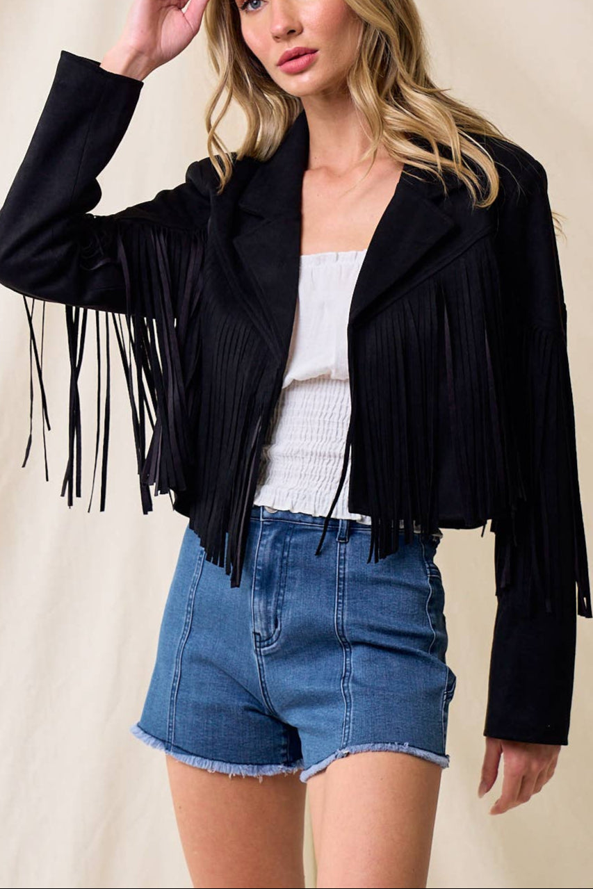Dakota Faux Suede Fringe Jacket black light weight fringed western jacket at Boltranchstore.com free shipping
