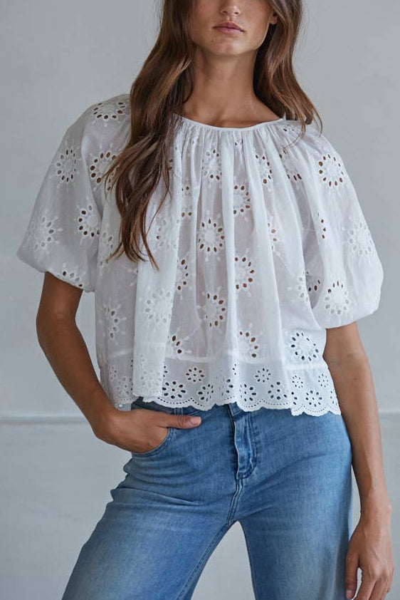 Adalyn Eyelet Top L9352 womens white eyelet short sleeve blouse Boltranchstore.com Free Shipping By Together 