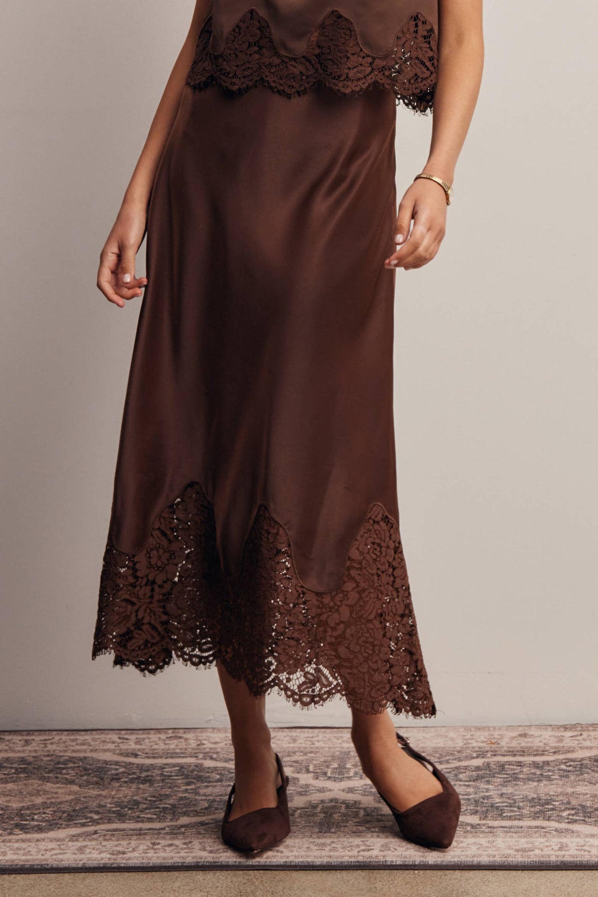 Listicle Stretch Satin Lace Trim Maxi Skirt Mocha flowing maxi length with an easy A line silhouette western fashion