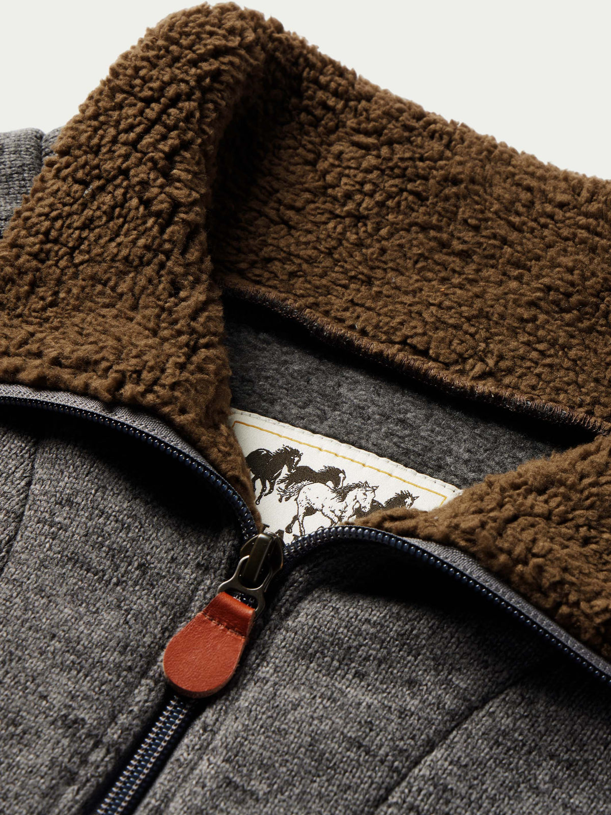Schaefer Elkhorn Pullover Heather Gray sherpa lined stand collar above the quarter zip placket rodeo