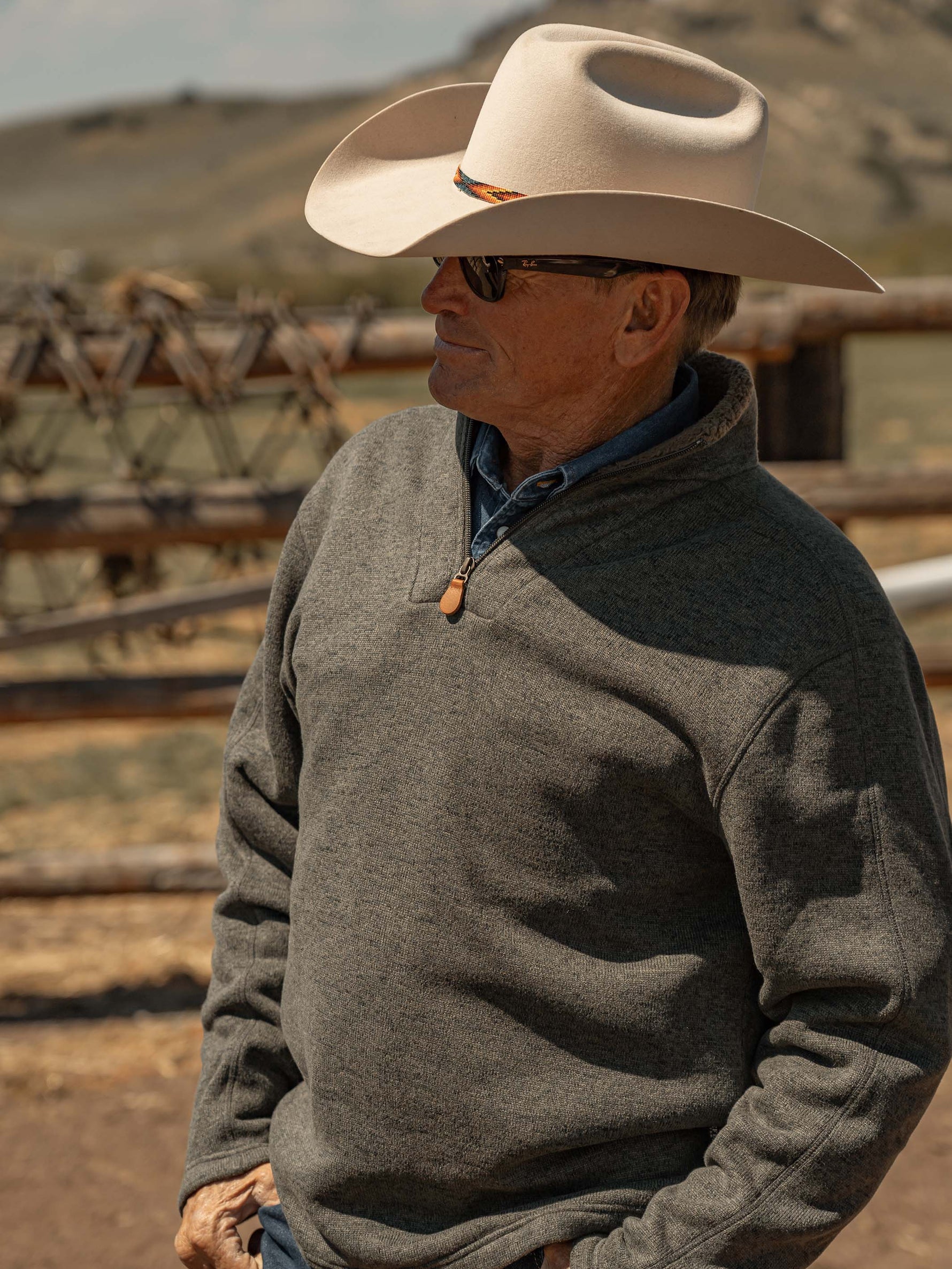 Schaefer Elkhorn Pullover Heather Gray everyday cowboy styling worn with denim Park City