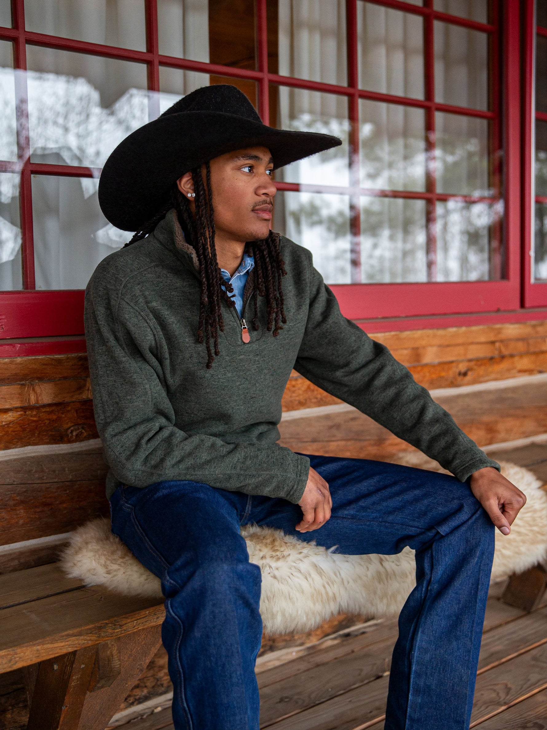 Schaefer Elkhorn Pullover Loden relaxed cowboy styling worn over a snap shirt Park City