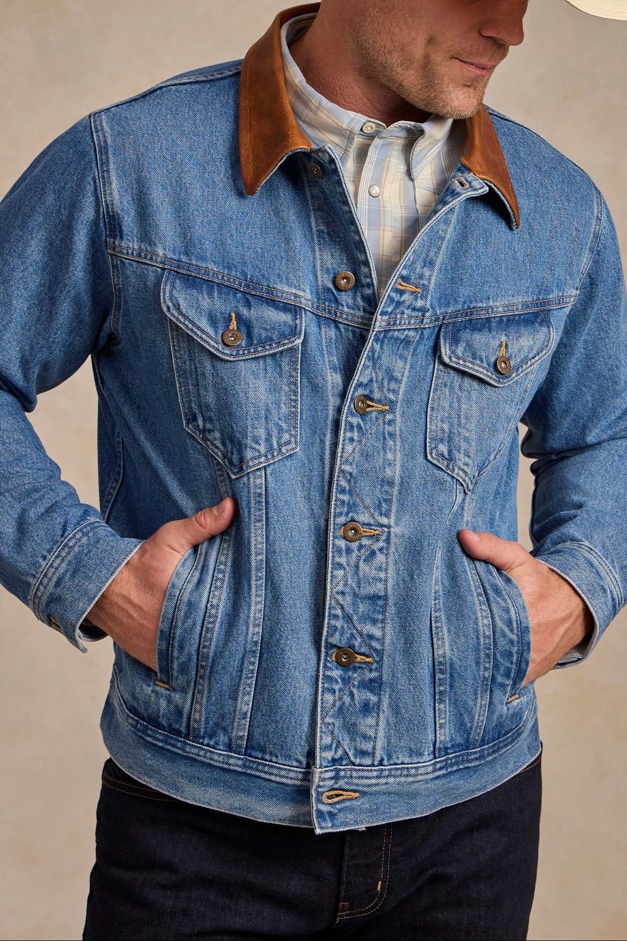 Schaefer Mens Kiger Denim Jacket mens denim jacket with leather collar Boltranchstore.com Free Shipping Schaefer western wear fashion 