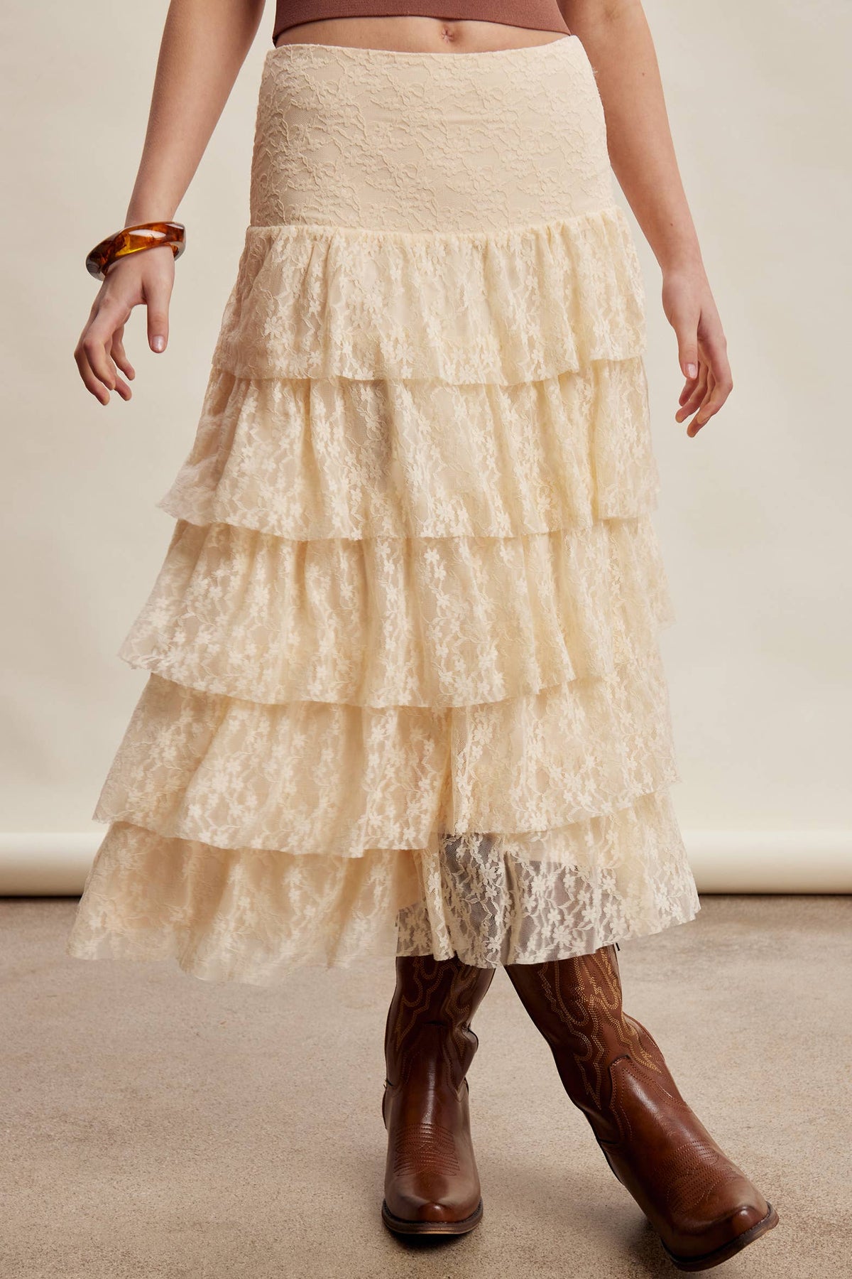 Womens western fashion clothing, cream lace skirt, womens western boutique Tiered Lace Midi Skirt Cream SKU LSK0286CRM 