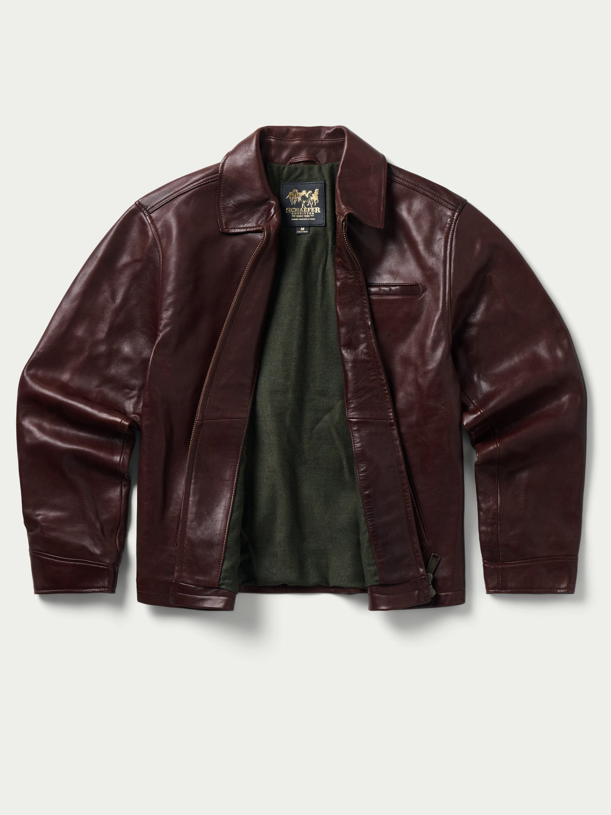 Schaefer Beaumont Leather Jacket wool flannel lining visible inside the open front cowboy