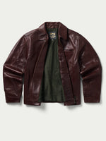 Schaefer Beaumont Leather Jacket wool flannel lining visible inside the open front cowboy