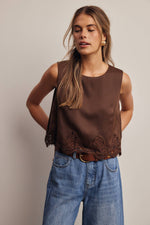 Listicle Satin Lace Hem Sleeveless Top Mocha wide scalloped lace hem adding romantic texture cowgirl style