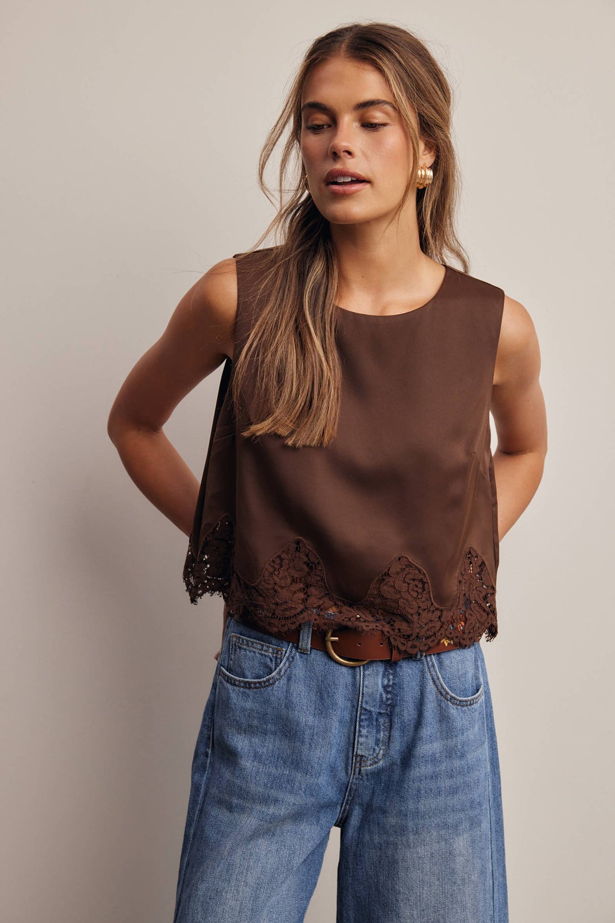 Listicle Satin Lace Hem Sleeveless Top Mocha wide scalloped lace hem adding romantic texture cowgirl style