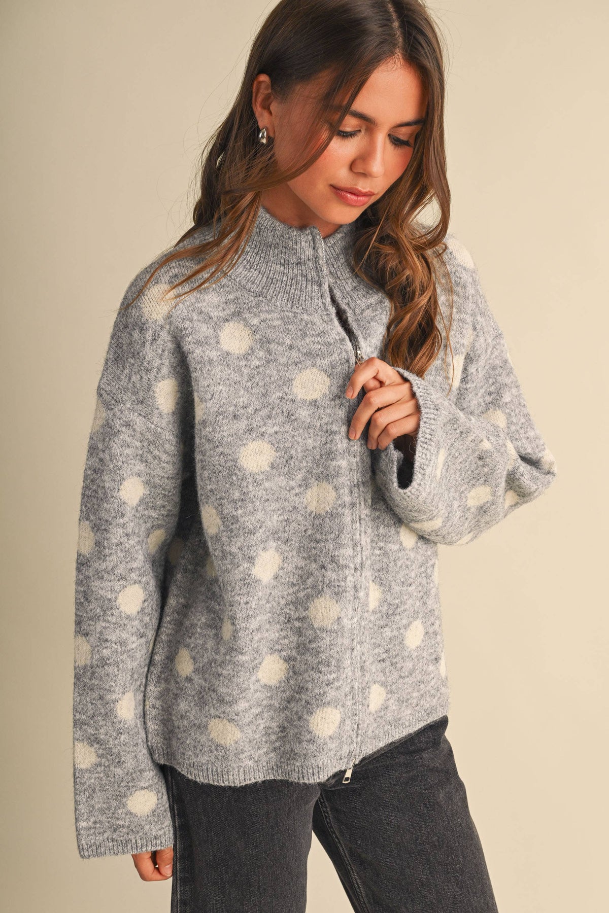 Patty Polka Dot Zip Up Sweater