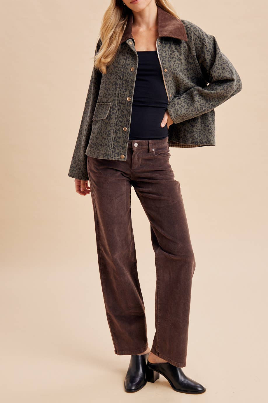 In Loom Leopard Chore Jacket utility flap pockets and plaid lined interior womens western clothing