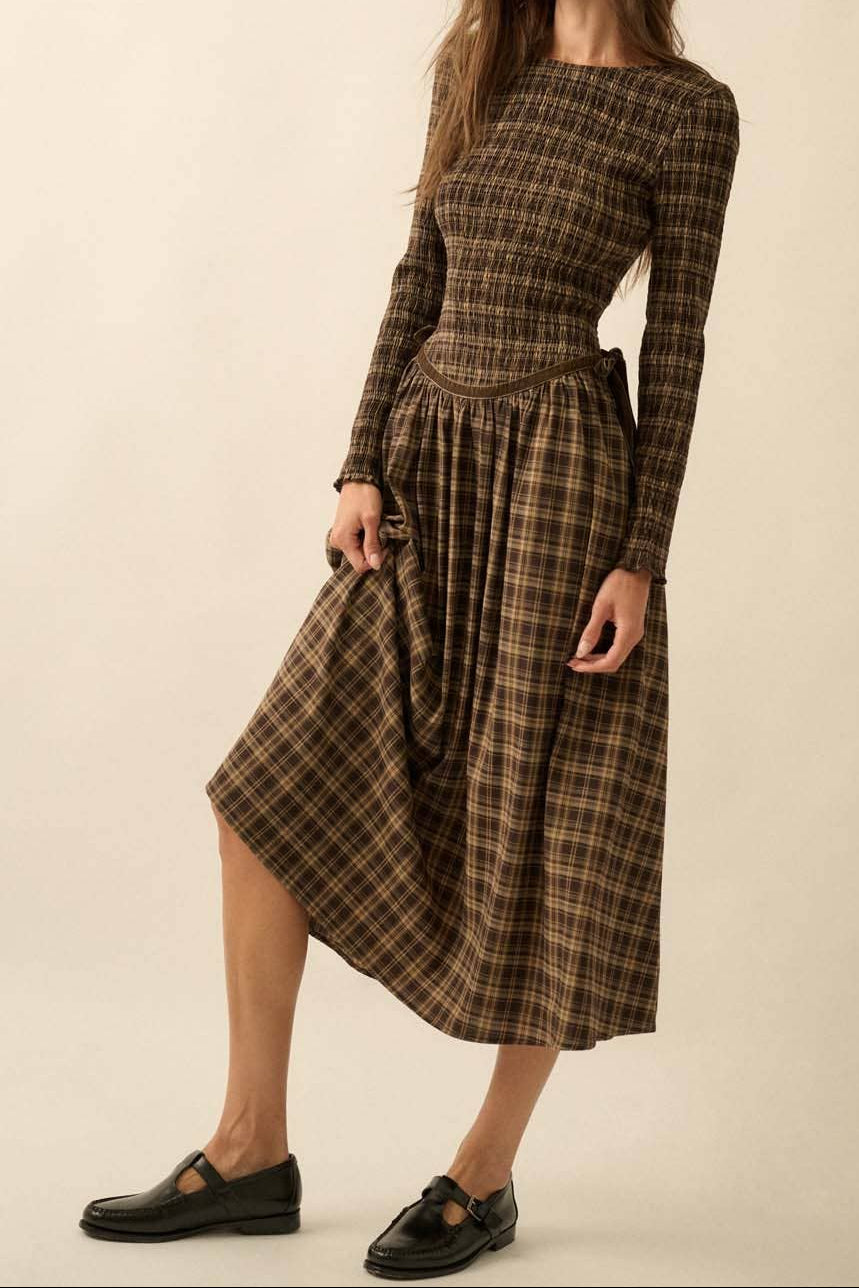 Plaid Smocked Drop Waist Dress
