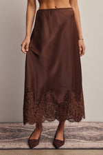 Listicle Stretch Satin Lace Trim Maxi Skirt Mocha fluid drape that moves with every step womens western clothing