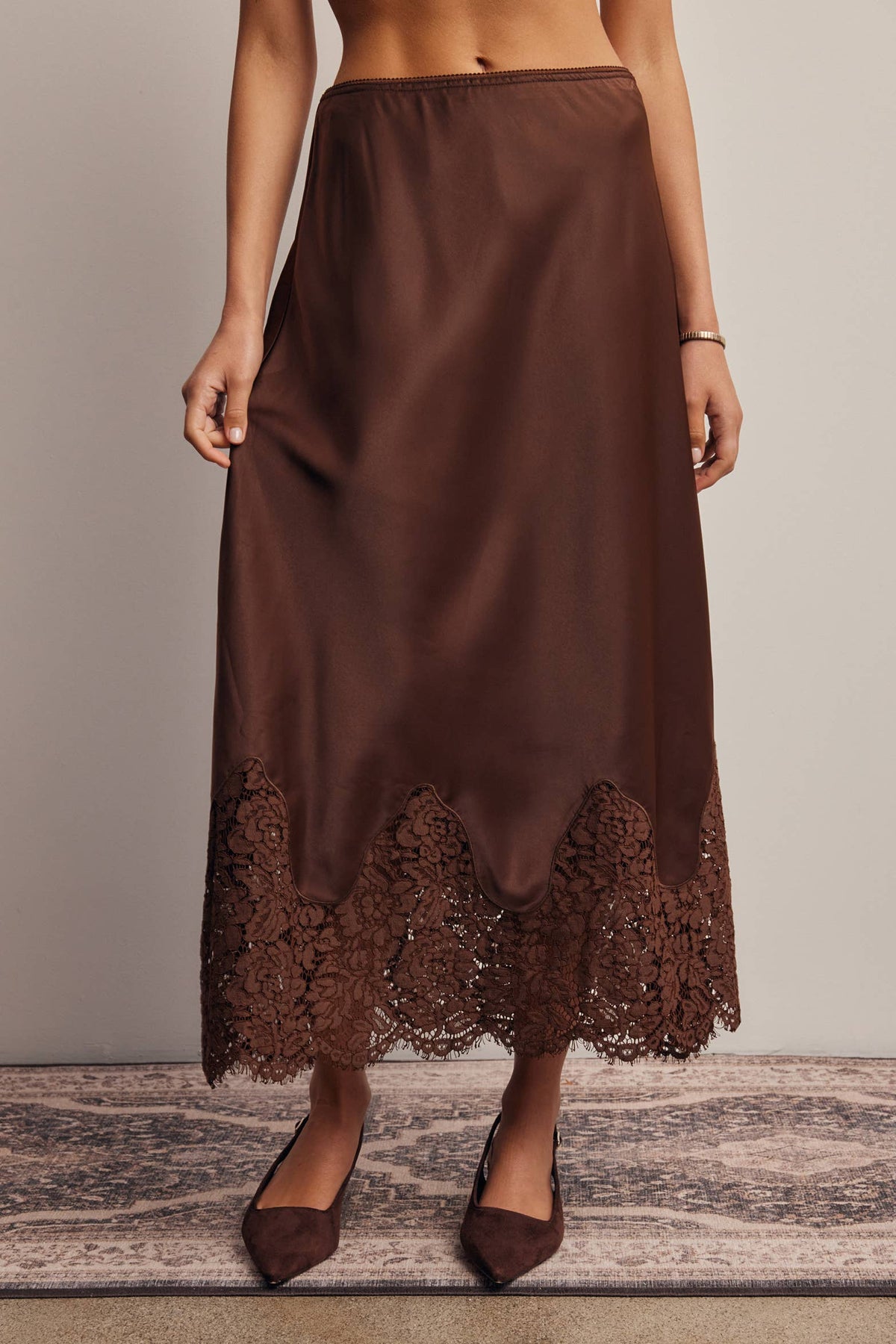 Listicle Stretch Satin Lace Trim Maxi Skirt Mocha fluid drape that moves with every step womens western clothing