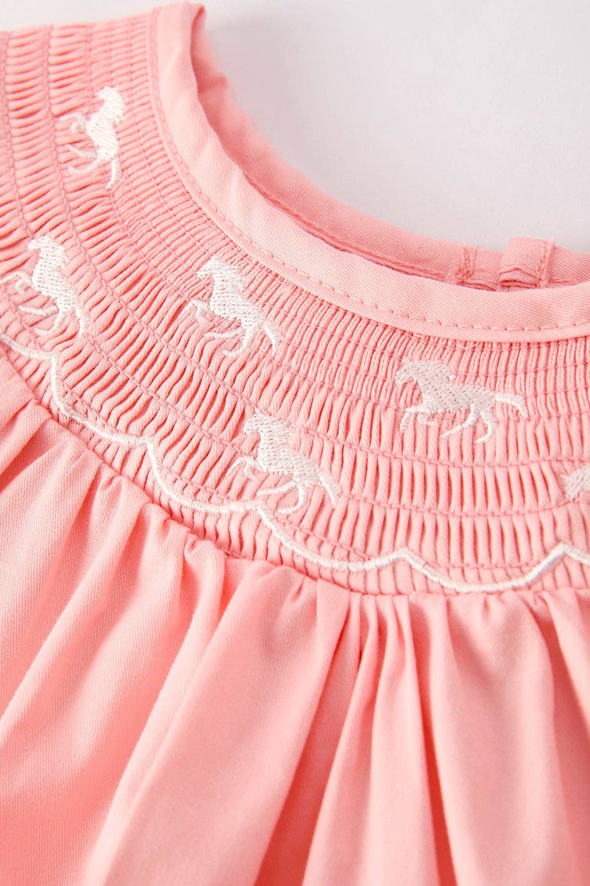 Girls Horse Smocking Embroidered Coral Dress