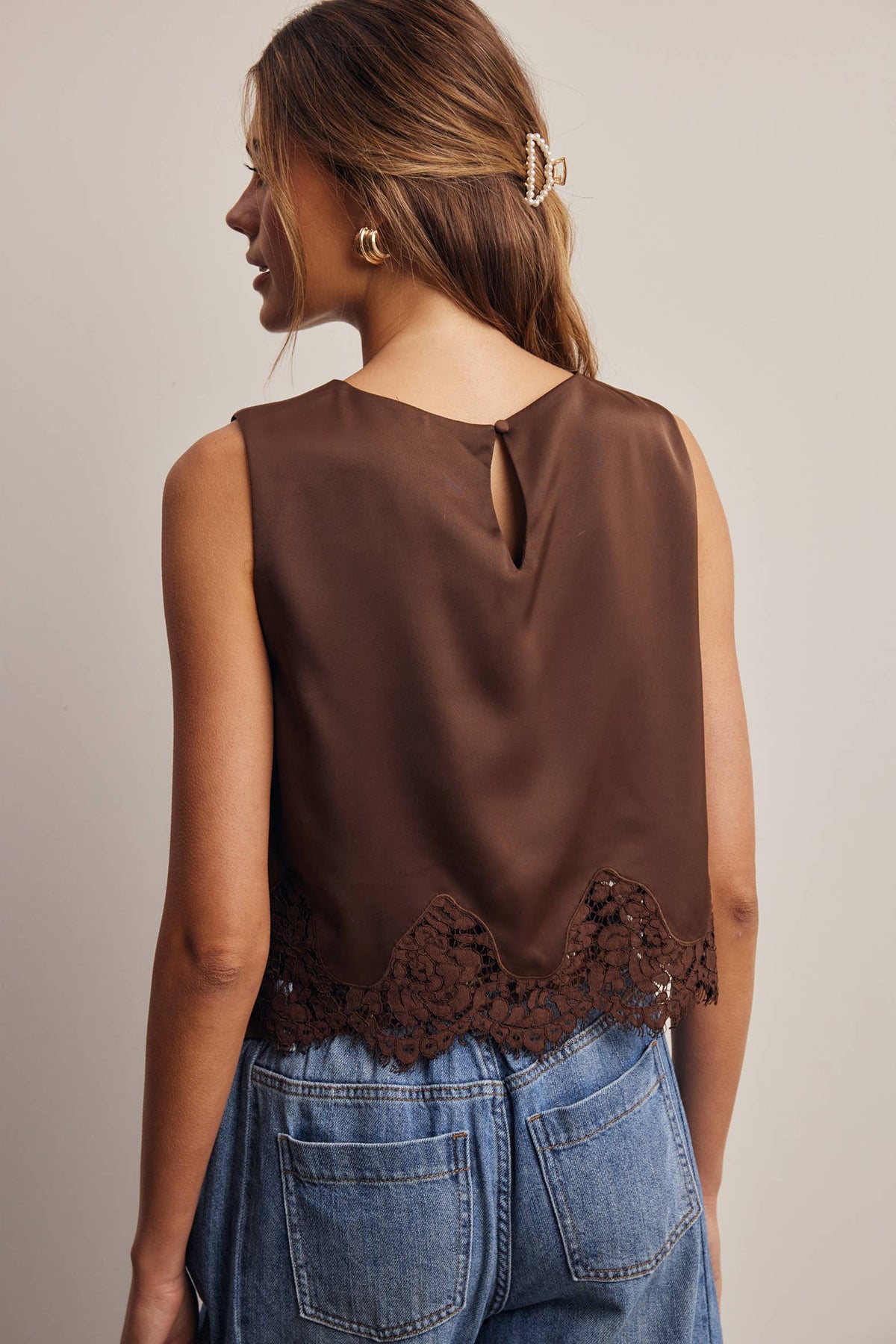 Listicle Satin Lace Hem Sleeveless Top Mocha back keyhole closure finished with a covered button