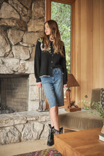 Blue B Western Graphic Sweater Cardigan Charcoal layered over a white tee for casual fall western fashion Park City