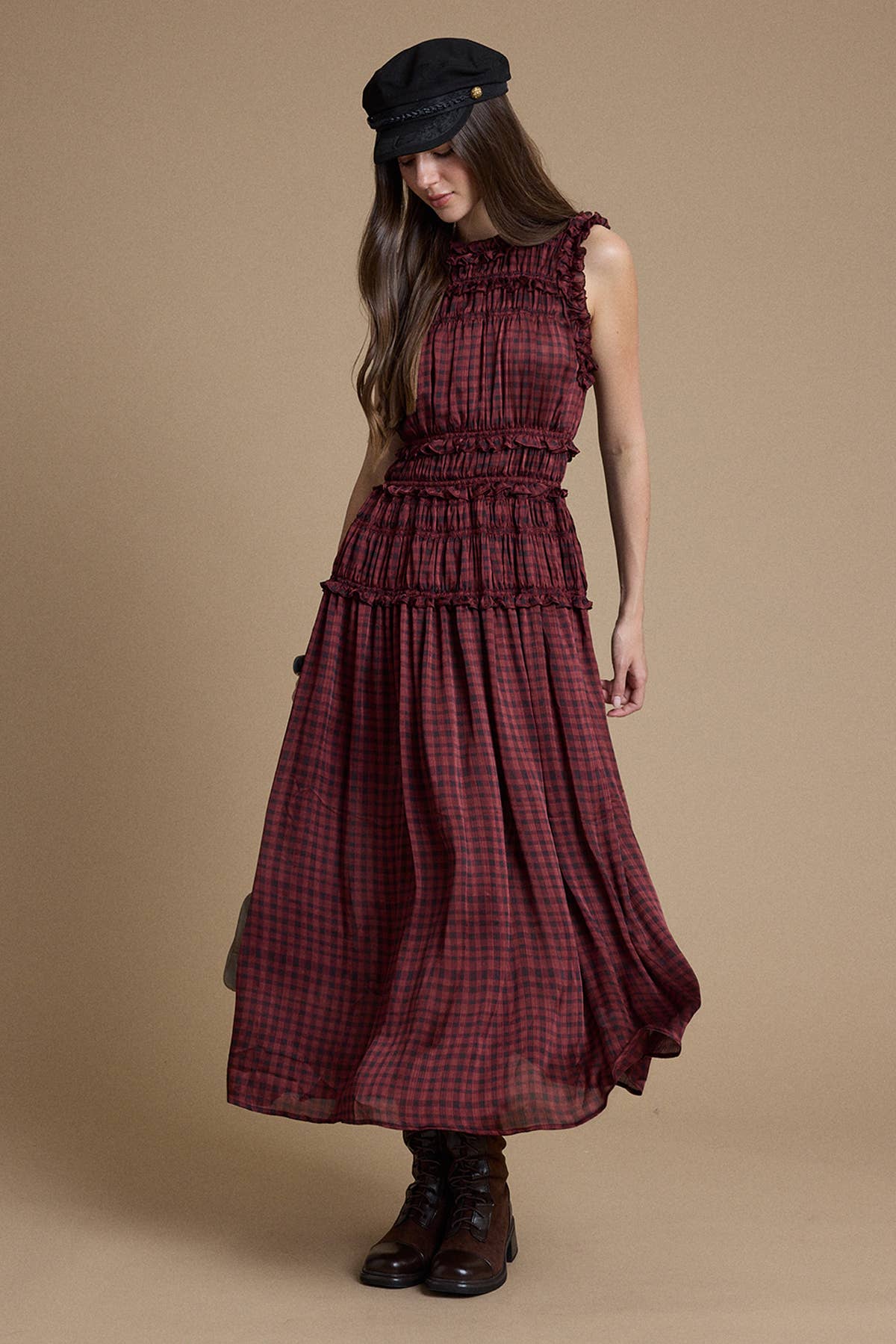 Tiffany Wine Plaid Ruffle Maxi Dress