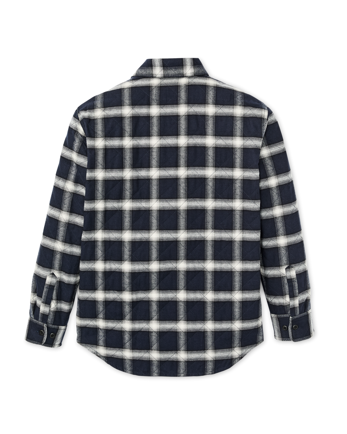 Filson Insulated Flannel Jac Shirt Navy Cream Plaid shirttail hem that layers over a tee or under a vest western clothing